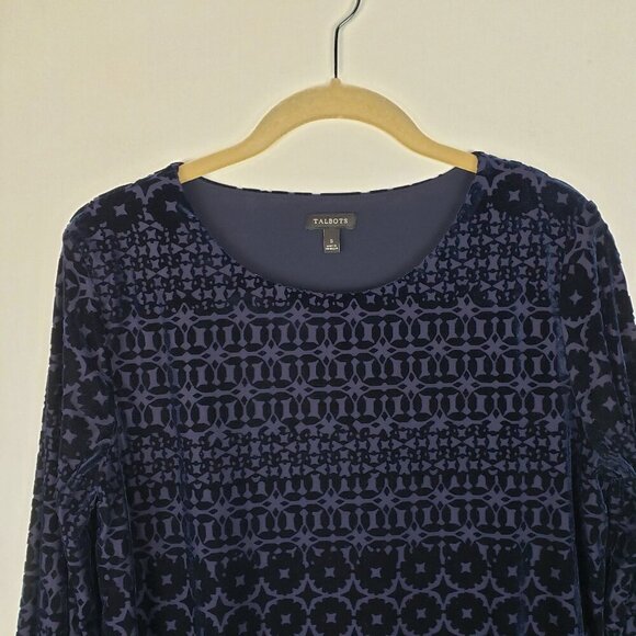 Talbots Navy Blue Velvet Burnout Foulard Top Long Sleeve Tie Wrist Womens Small - Picture 3 of 6